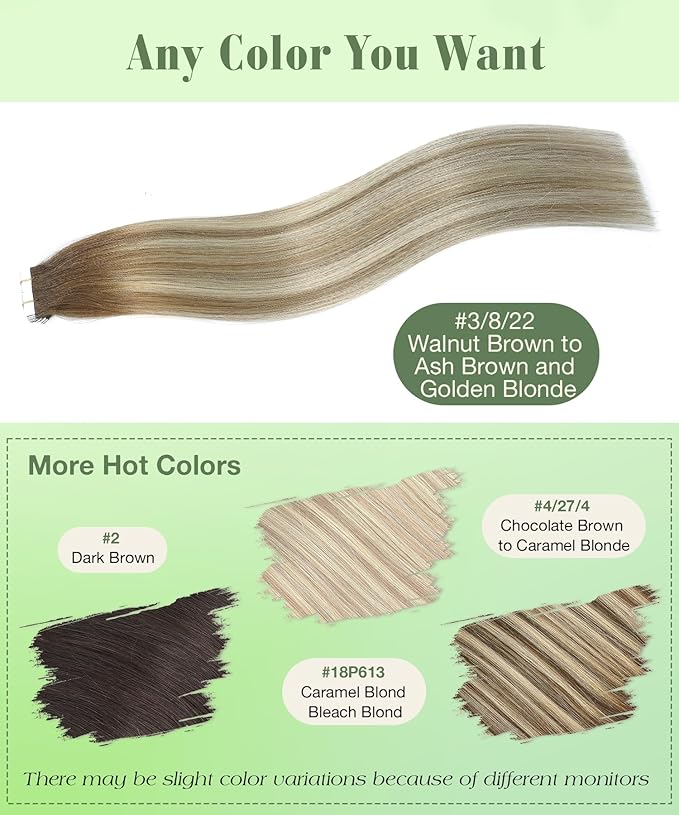 SURNEL Tape in Hair Extensions Balayage #3/8/22 Darker Brown to Ash Brown mixed Blonde Tape in Hair Extensions Human Hair 20 inch 20pcs 50g(#3/8/22-20)