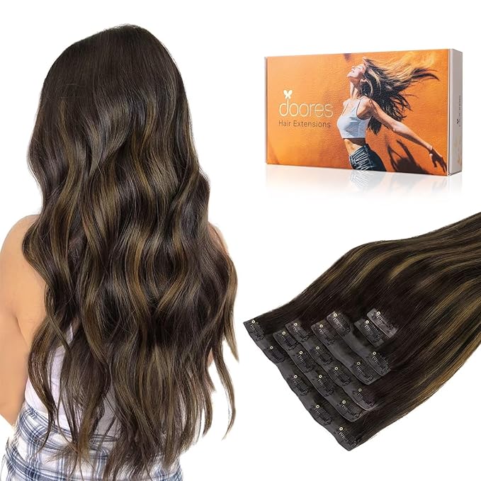 DOORES Clip in extensions - Real Human Hair with Invisible Edge, Dark Brown to Chestnut Brown 22 Inch 150g 7pcs, Straight Natural Virgin Hair