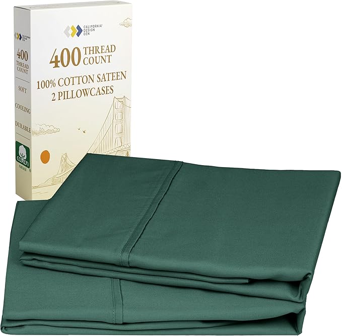 California Design Den Standard Queen Size Pillowcase Set - 400 Thread Count, 100% Cotton Sateen, Set of 2 Pillow Covers, Soft and Breathable - Hunter Green