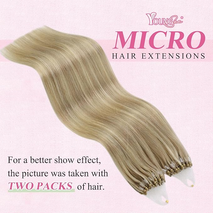 YoungSee Micro Bead Hair Extensions Real Human Hair Blonde Micro Loop Hair Extensions Real Human Hair Golden Blonde Highlighted Beaded Hair Extension 14In 50g 50s Pre Bonded Hair for Short Hair