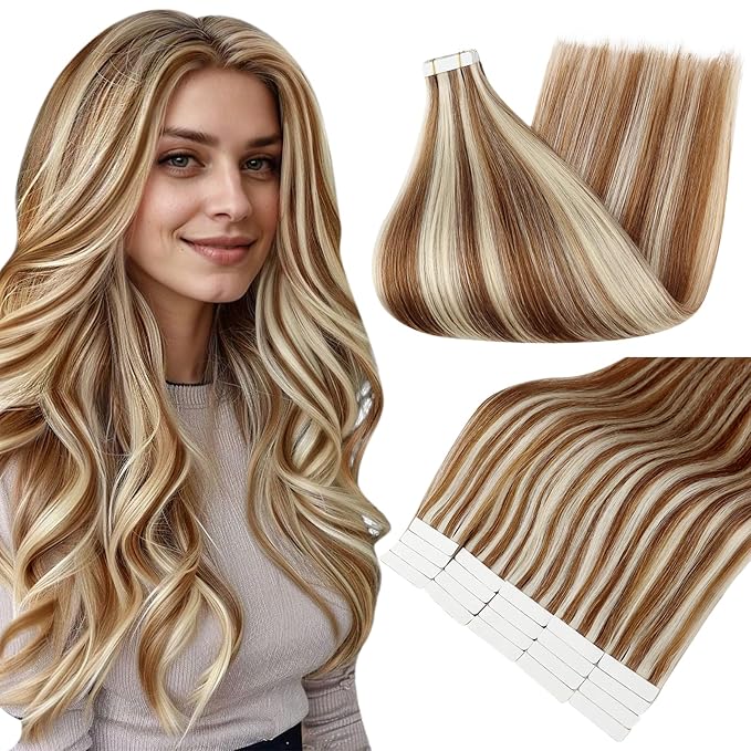 Full Shine Tape in Extensions Human Hair Color 330p800 Auburn Highlight Blonde 16 Inch Invisible Double Sided Tape in Hair Extensions 20PCS 50grams Straight Seamless Skin Weft Extensions for Wedding