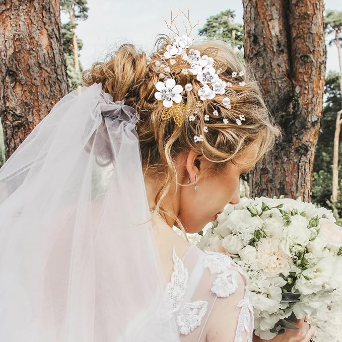 Wedding Flower Hair Accessories for Women: 4pcs Leaf and Flower Hair Combs for Women Accessories - Crystal Pearl Wedding Flower Clips Headpiece for Brides Bridesmaids Girls Updo (White)