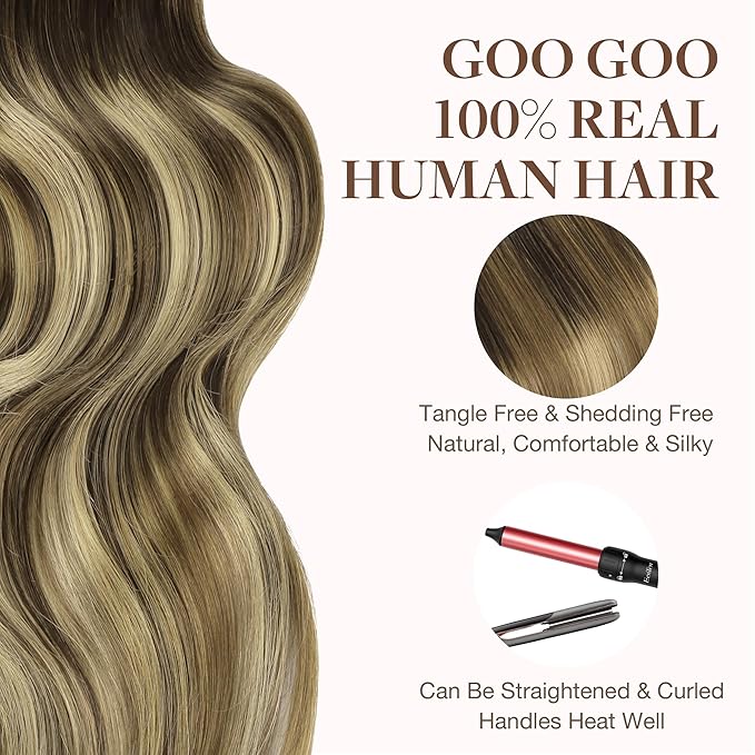 GOO GOO Tape in Hair Extensions Human Hair, 2/6/18 Balayage Brown to Dirty Blonde, 20inch 100g 40pcs, Skin Weft Seamless Invisible, Silky Straight with Thick Ends, Remy Human Hair