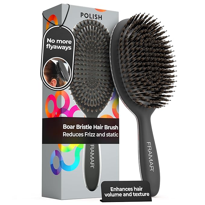 FRAMAR Soft Boar Bristle Hair Brush For Women – Boars Hair Brush For Women, Boar Brush For Fine Hair, Hairbrush For Fine Hair, Soft Bristle Brush For Slick Back, Volume and Shine - Black