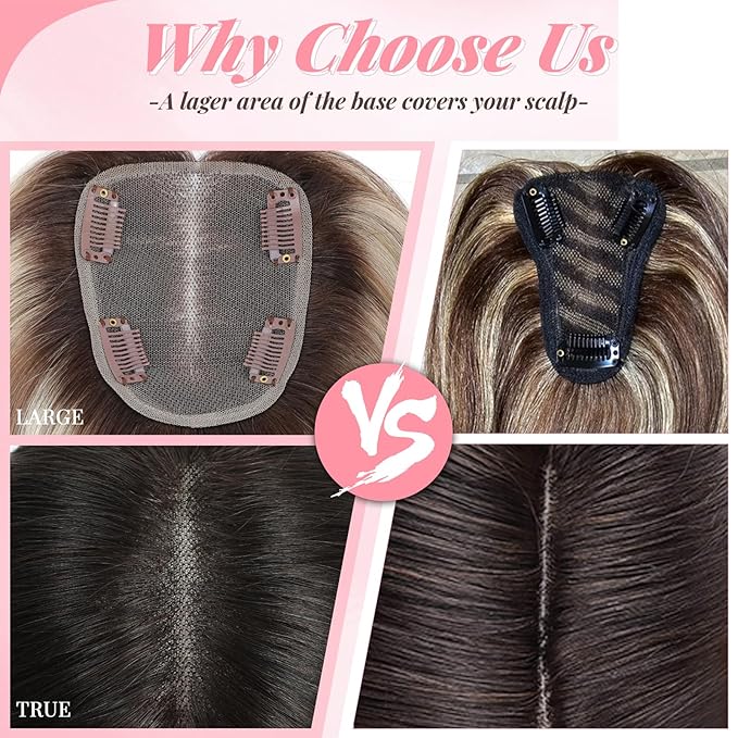 Hair Toppers for Women Real Human Hair Topper for Women with Thinning Hair 12inch 4x4.8 Large Swiss Base Hairpieces (Dark Brown)