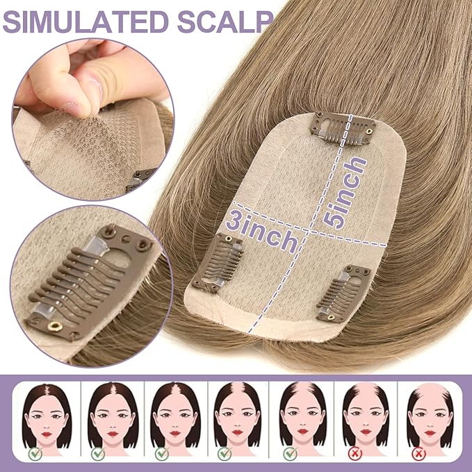 Toppers Hair Pieces for Women #TAC, 3x5 Inch Injected Silk Base 18 Inch Length 130% Density Real Human Hair Toppers