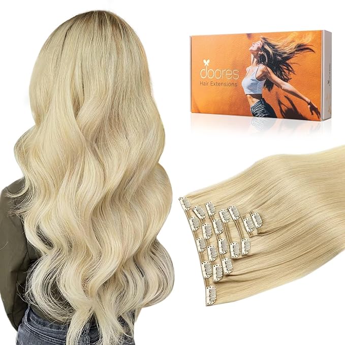 DOORES Clip in Hair Extensions Bleach Blonde 100g 7pcs 14 Inch Real Human Hair Extensions Straight Natural Remy Weft