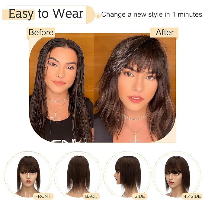 SEGO Hair Toppers for Women Real Human Hair With Bangs, 7 * 13CM Silk Base 100% Remy Human Hair Clip in Top Wiglet Hairpieces Add Volume -14 Inch Dark Brown