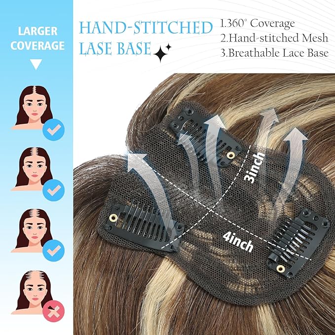 SARO-UP Human Hair Toppers for Women Real Human Hair pieces for Women with Thinning Hair pieces 7 * 10cm Hand-Tied Swiss Base Topper No Bangs 30g Hairpieces 10Inch (4T427#
