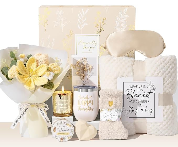 Birthday Gifts for Women Self Care Package Get Well Soon Gift Baskets, Thinking of You Sympathy Spa Gift Set w/ Crochet Flower Bouquet, Unique Christmas Gifts for Women Mom Her Best Friend Sister Wife