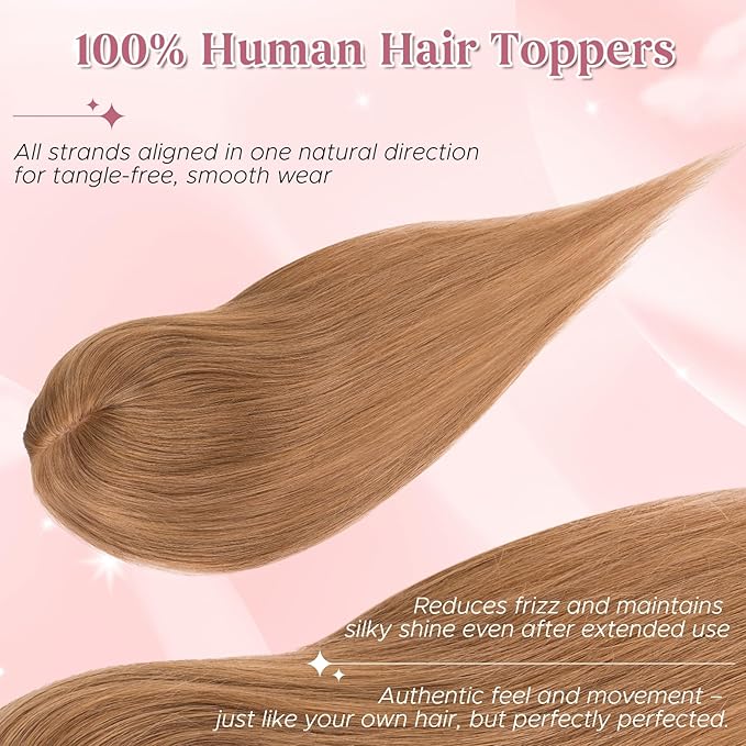 Real Human Hair Toppers for Women 3.54"*4.72" Silky Base 150% Density With Bangs Adjustable Parting Clip-In Topper Hairpieces for Women with Thinning Hair 10 Inches Light Brown