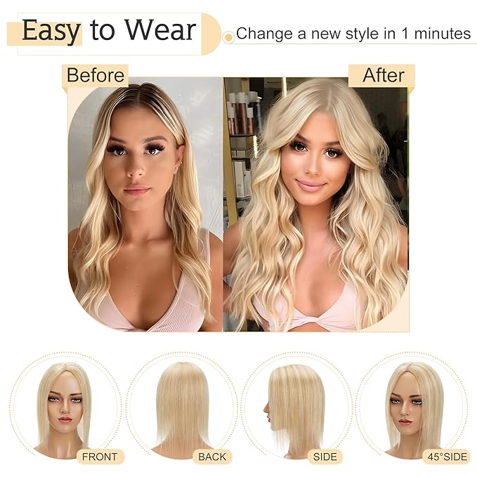 SEGO Human Hair Toppers for Women With Thinning Hair, 7 * 13CM Silk Base 100% Real Human Hair Clip in Top Wiglet Hairpieces -10 Inch No Bangs Ash Blonde&Bleach Blonde