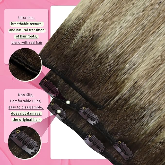 YoungSee Balayage Clip in Hair Extensions Invisible Clip in Hair Extensions Human Hair Walnut Brown Ombre Light Brown with Blonde Clip in Human Hair Extensions for Women 120G 16Inch