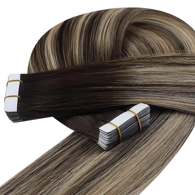 YoungSee Tape in Hair Extensions Real Human Hair Balayage Tape Extensions Human Hair Dark Brown Ombre Blonde with Brown Tape in Extension Real Hair 22 Inch 20pcs 50g Soft Hair Extension