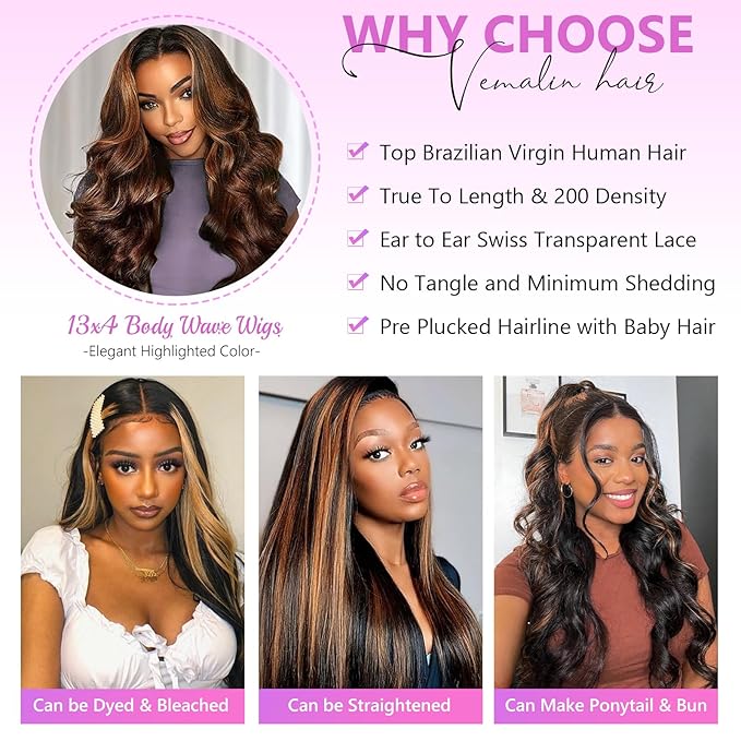 30 inch Highlight Body Wave Lace Front Wigs Human Hair Pre Plucked 200 Density 1B/30 Ombre Frontal Wigs Human Hair 13x4 Transparent Lace Wig Glueless Balayage Wigs for Women