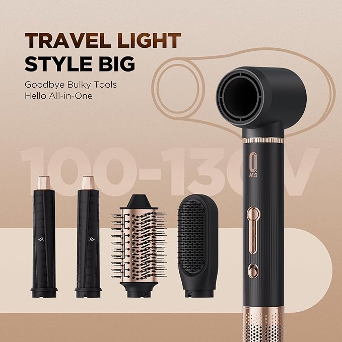 O.H.B 5 in 1 Hot Air Hair Styler, 110,000 RPM High Speed Hair Dryer Brush, Ionic Air Styler Wrap with Fast Drying, No Heat Damage Air Multi Styler for Volumize, Curl, Straighten for Travel, Black Gold