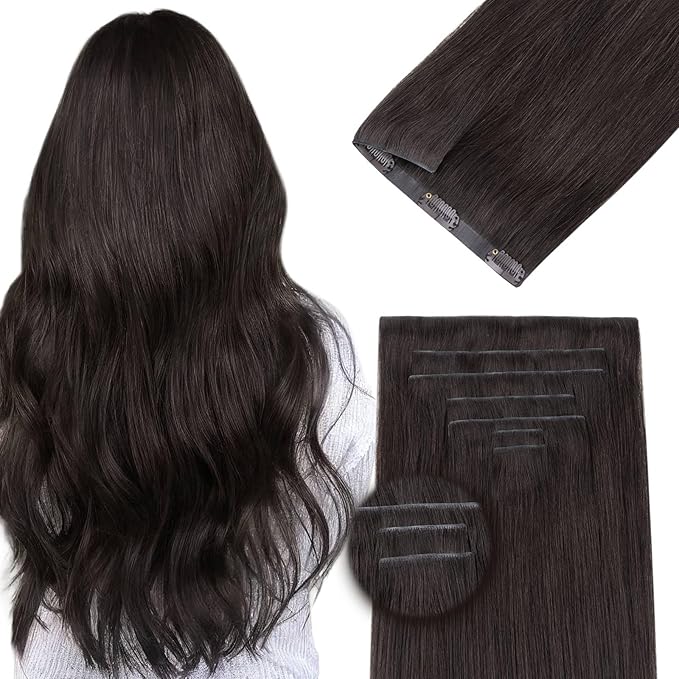 DOORES Clip in Hair Extensions Real Human Hair 20 inch 120g 7pcs Invisible Human Hair Extensions Clip ins, Injected Seamless PU Clipins Virgin Invisi Edge Natural Straight, 2A Light Dark Brown