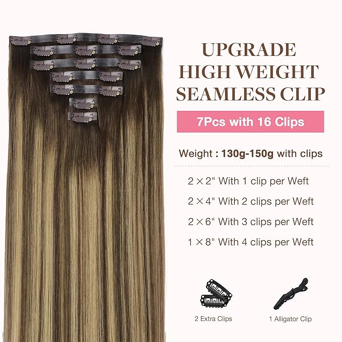 GOO GOO Clip in Hair Extensions Real Human Hair, Remy Human Hair Extensions Clip ins for Women, Natural Human Hair, 20inch 150g 7Pcs, 4/27/4 Balayage Chocolate Brown to Caramel Blonde