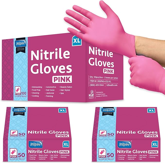 Inspire Pink Gloves Disposable Latex Free | Nitrile Pink Glove Hair and Nail Salon, Esthetician Nitrile Disposable Gloves