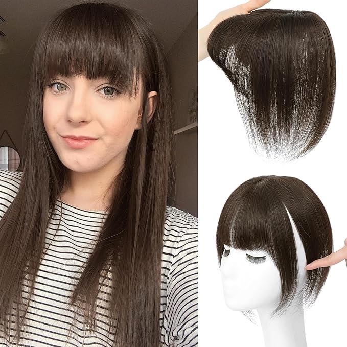 NAYOO Hair Toppers for Women Real Human Hair, 360° Cover Clips in Full Fringe Fake Bangs Hair Pieces for Women Girls Daily Wear (2# Darkst Brown)