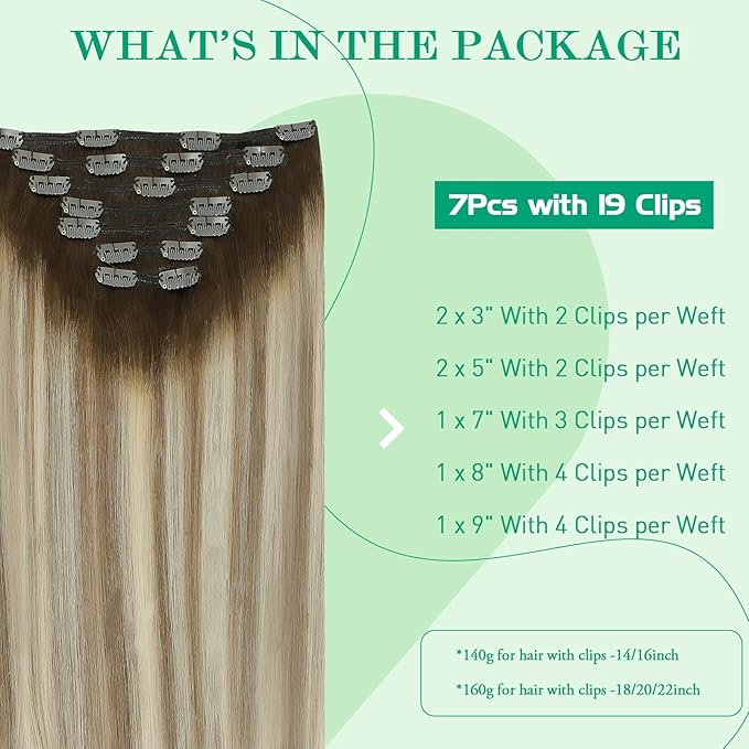 SURNEL Clip in Hair Extensions Real Human Hair Balayage Clip in Hair Extensions 16 Inch 7pcs 140g Walnut Brown to Ash Brown and Golden Blonde Human Hair Clip Extensions (7C#3/8/22-16'')