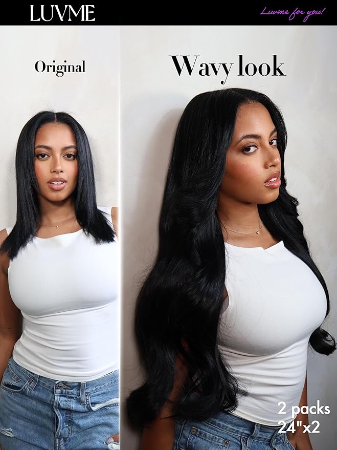 LUVME Body Wave Seamless 2 Pack 220g 14Pcs Clip in Hair Extensions Full Max with 18inch Remy Human Hair Extensions, Natural Black 100% Real Soft Hair