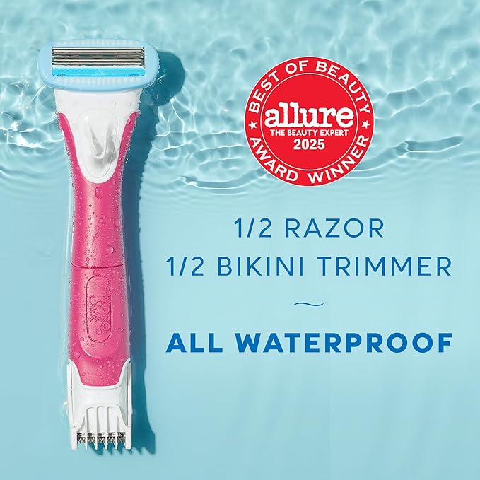 Schick Hydro Silk TrimStyle Razor with Bikini Trimmer for Women | 2-in-1 Bikini Razor for Women and Womens Trimmer for Pubic Hair, Includes 1 Waterproof Handle, 3 Refills & 1 AAA Battery