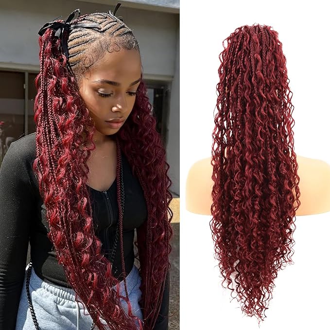 Drawstring Ponytail for Women Boho Box Braids with Long Wavy Hair Ponytail Extension Synthetic Hair Extensions Ponytail for Daily Use (BUG#, 24 Inch)