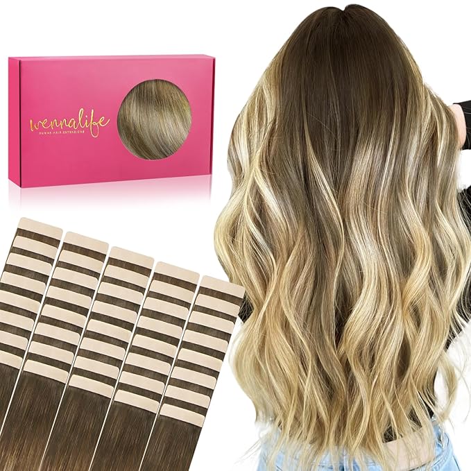 WENNALIFE Tape in Hair Extensions Human Hair, 40pcs 80g 12 inch Ombre Walnut Brown to Ash Brown and Bleach Blonde Hair Extensions Real Human Hair Straight Tape in Extensions Real Human Hair Extensions