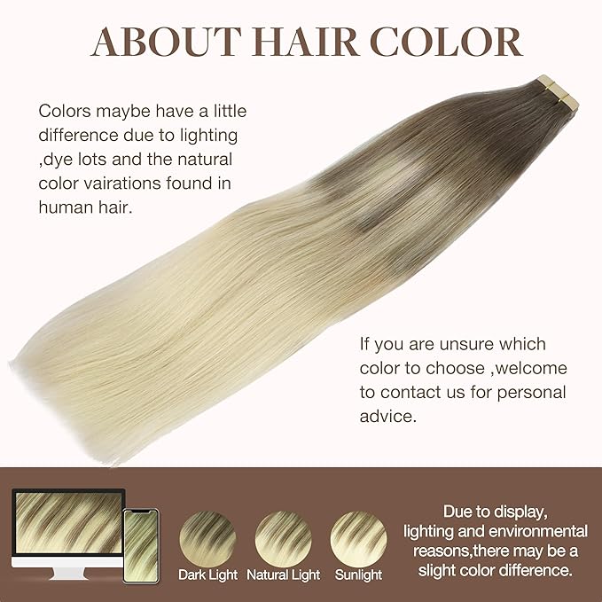 GOO GOO Tape in Hair Extensions Human Hair, 9/60 Balayage Ash Brown to Platinum Blonde, 22inch 50g 20pcs, Skin Weft Seamless Invisible, Silky Straight with Thick Ends, Remy Human Hair