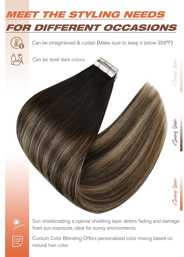 Sunny Hair Tape in Hair Extensions Human Hair Remy Hair Extensions Tape in, 16inch Black Brown Balayage Ash Blonde Tape in Human Hair Extensions Add Length for Wedding 20Pcs 50g