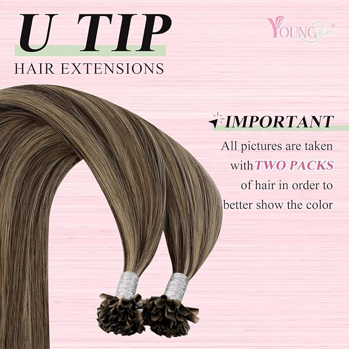 YoungSee U Tip Hair Extensions Human Hair Highlight Utip Hair Extensions Human Hair Highlight Brown Mixed Blonde Hair Extensions Hot Fusion Ktips Hair Extension U Tip 20In 1G/S 50G for Wedding