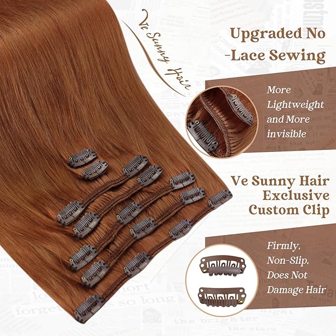 Ve Sunny Clip in Extensions Real Human Hair Ginger Copper Hair Extensions Full Head Clip in Hair Extensions Human Hair Natural Straight 7pcs 20 inch 120g