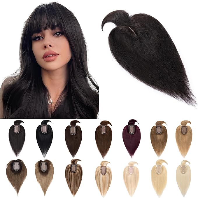 SEGO Hair Toppers for Women Real Human Hair With Bangs, 7 * 13CM Silk Base 100% Remy Human Hair Clip in Top Wiglet Hairpieces Add Volume -18 Inch Natural Black