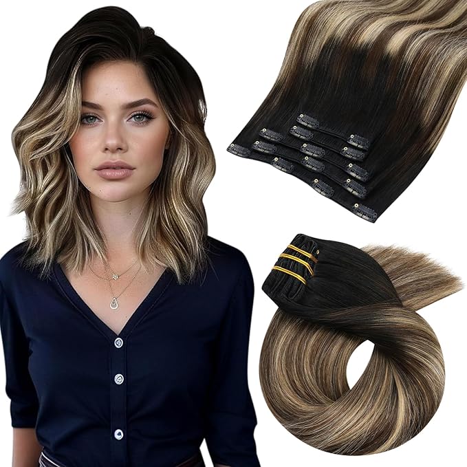 Moresoo Clip in Hair Extensions Real Human Hair Balayage Remy Human Hair Clip in Extensions Ombre Black to Brown with Caramel Blonde 5pcs 80g 14inch