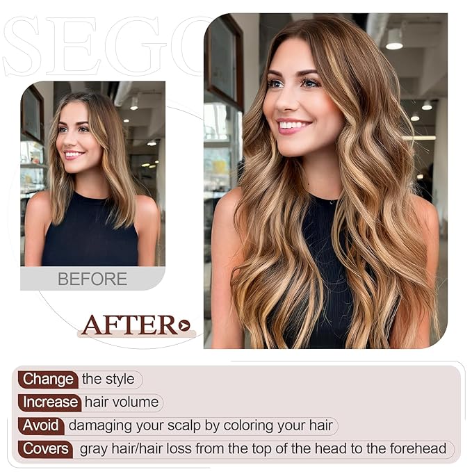 SEGO Hair Topper for Women, No Bangs Real Human Hair Topper with Anti-Slip Clips (12 Inches #4T4P27 Ombre Medium Brown Mix Dark Blonde)