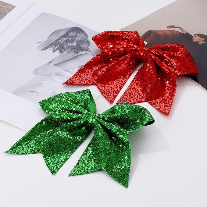 Large Glitter Cheer Bows Clips, Jumbo Big 7 Inch Cheerleading Sequin Hair Bow Hair Accessories for Teens Girls Football Sports Cheerleader Outfit Uniform (Green)