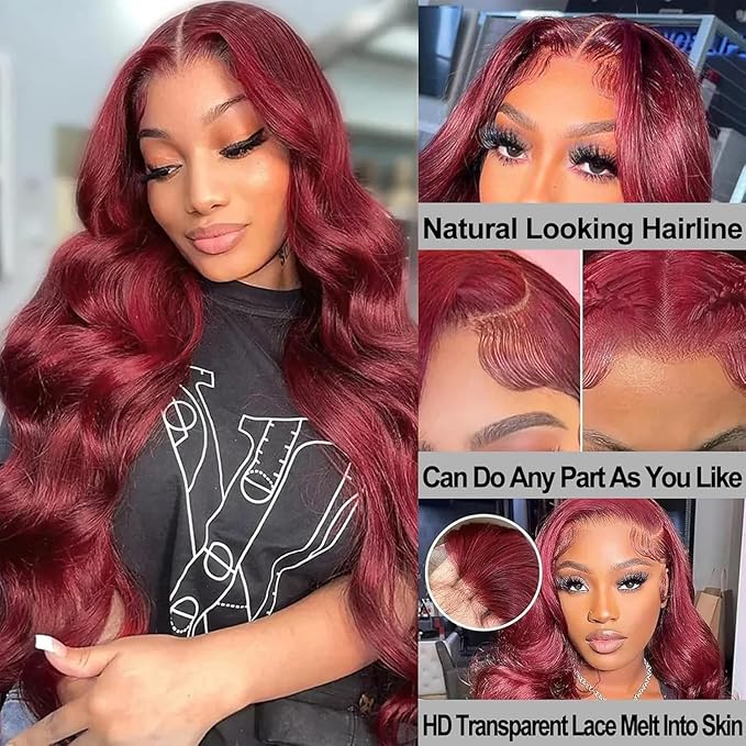 AMIRTY 250 Density Burgundy wig human hair 13x4 99J body wave lace front wigs human hair Pre Plucked Glueless Wine red colored lace front wig for Women 26inch