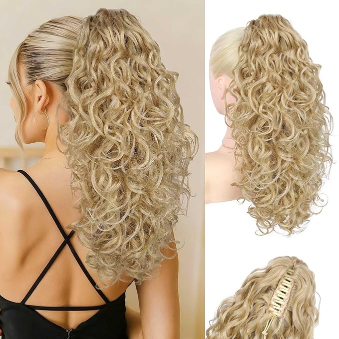 Flufymooz 100％ Pure Protein Ponytail Extension, 18 Inch Curly Claw Clip Ponytail Hair Extensions Natural Soft pony tail hairpiece for women-Deep Blonde with Ash Blonde Highlights
