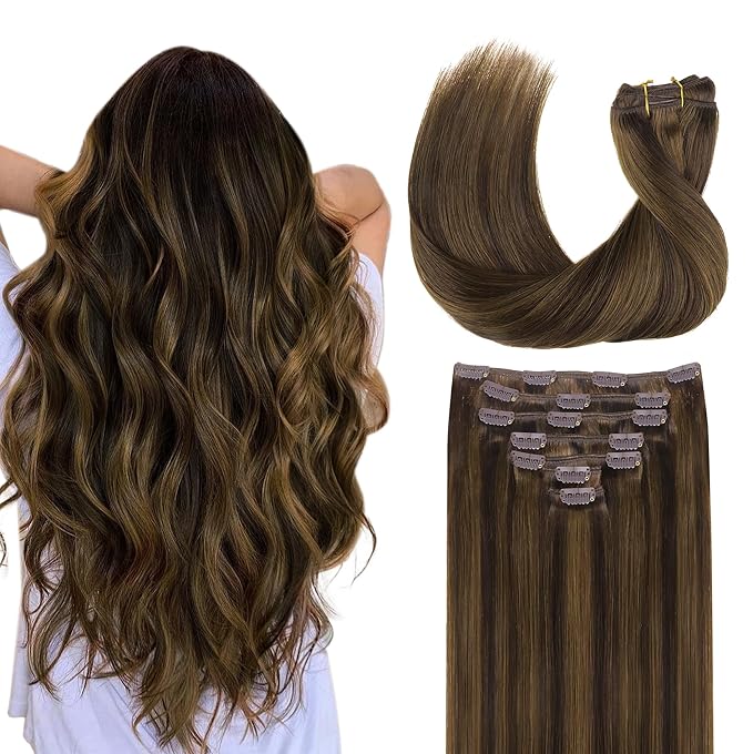 GOO GOO Clip in Hair Extensions Real Human Hair, Remy Human Hair Extensions Clip ins for Women, Natural Human Hair, 18inch 120g 7Pcs, 2C/4E/6C Brown Sugar Swirl Highlights