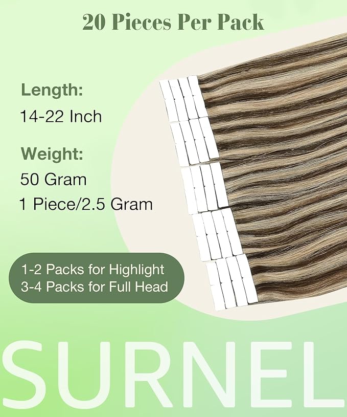 SURNEL Tape in Hair Extensions Human Hair 14 inch #4P27 Chocolate Brown Highlighted Caramel Blonde Tape Hair Extensions 20pcs 50g(#4P27-14)