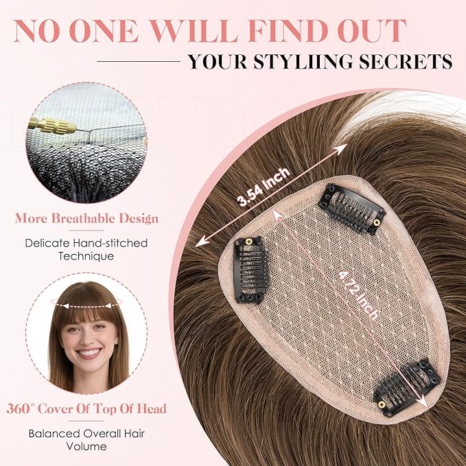 Hairro Human Hair Toppers with Wispy Bangs, 3.5x4.7" Hand-wovened Base for Women with Thinning Hair, Lightweight & Breathable Realistic Scalp, Clip-in Hairpieces for Easy Wear, 16 Inch Cocoa Brown