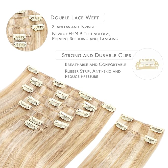 WENNALIFE Hair Extensions Clip In, 9pcs 20inch 150g Dirty Blonde Highlighted Bleach Blonde Thicker Clip In Hair Extensions Real Human Hair Remy hair extension Double Weft Clip in Human Hair Extensions