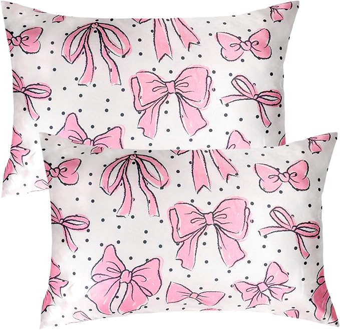 Bow Pink Satin Pillowcase for Hair & Skin Care, Queen Size Set of 2 - Luxurious Satin Pillow Cover with Envelope Closure(20x30 Inches)
