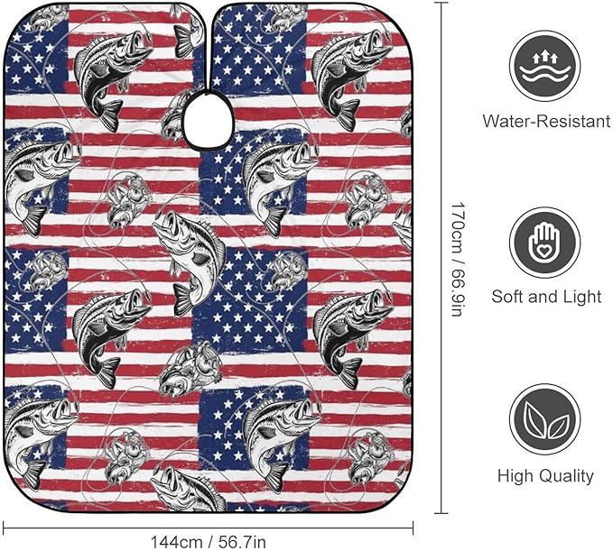 Large Long Professional Barber Cape, Hairdressing Apron Bass Fish Fishing Lure American Flag Shampoo Cutting Household Capes Wrap for Hair Salon