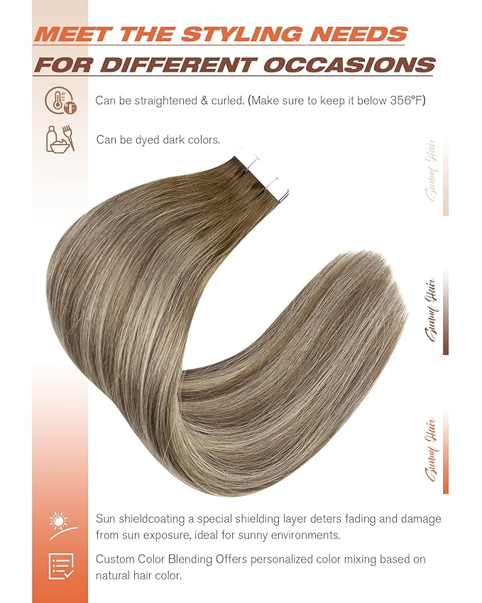 Sunny Hair Tape in Hair Extensions Human Hair 24 Inch Hair Extensions Real Human Hair Tape in Extensions for Women Cool Brown to Light Brown Balayage Blonde Invisible Remy Hair Skin Weft 20Pcs 50g