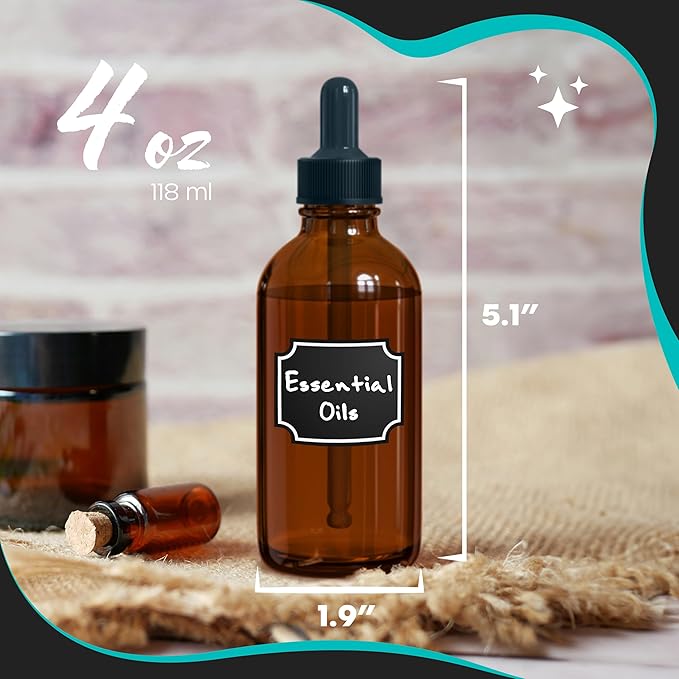 Nevlers Amber Glass Dropper Bottles 4 Oz 48 Pack | Tincture Bottles with Dropper, Shrink Wrap, Funnel, Brush, Marker, & Labels | Glass Oil Bottle | Liquid Medicine Dispenser | Apothecary Supplies
