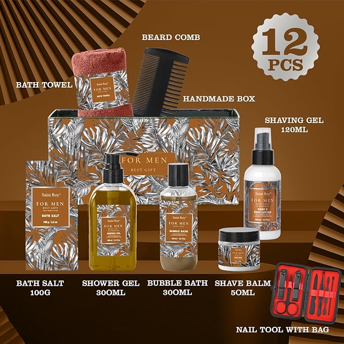 Christmas Spa Gift Basket, Bath Spa Kit for for Men Dad Birthday Bath Gifts Classic Perfume Bath Set for him, men's Shower Gift Basket mens personal care sets Man Bath Beard Spa Gift Baskets Mens Gift