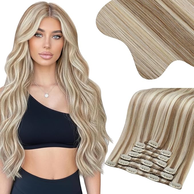 Moresoo Clip in Hair Extensions Light Brown with Platinum Blonde Hair Extensions Clip ins Long And Straight Brown Brown with Blonde to Add Highlights 135g/7pcs 18inch
