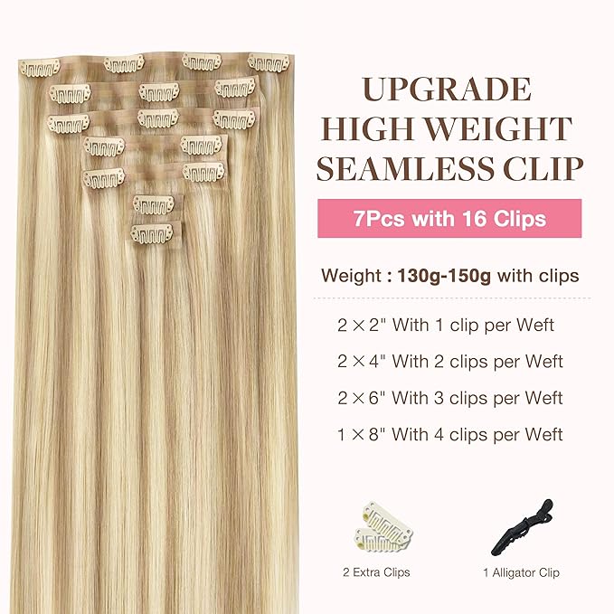 GOO GOO Clip in Hair Extensions Real Human Hair, Remy Human Hair Extensions Clip ins for Women, Natural Human Hair, 18inch 130g 7Pcs, 18A/613A Dark Blonde Highlighted Bleach Blonde